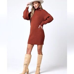 Anrabees Brown rust Ribbed Turtleneck Sweater midi Dress latern sleeves size xl